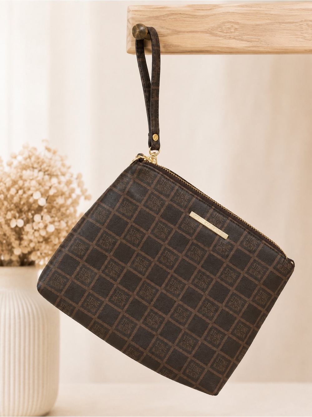 Steve Madden Brown Patterned Wristlet Clutch with Gold Accents
